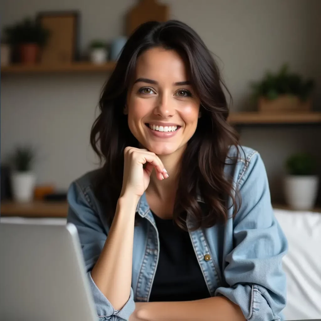 Camille Martel souriante devant son ordinateur, créatrice de recettes simples et modernes