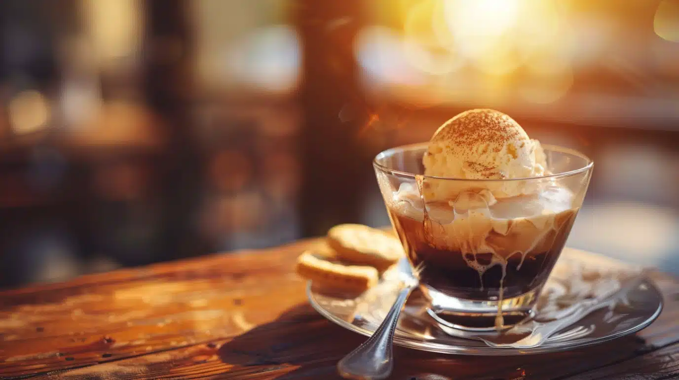 Affogato servi avec biscuit et glace fondue au café