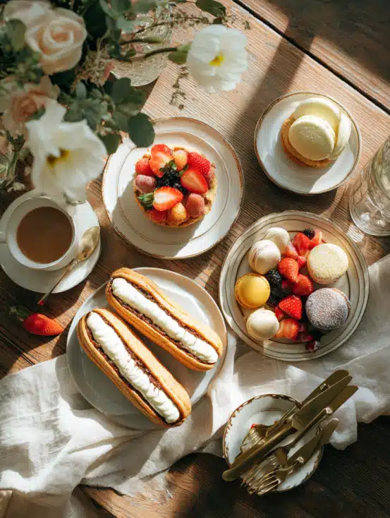 Assortiment de desserts maison avec tarte, gâteau au chocolat et pâtisseries françaises