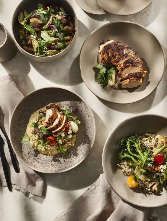 Assiette avec un plat cuisiné maison : légumes rôtis, riz parfumé et viande tendre