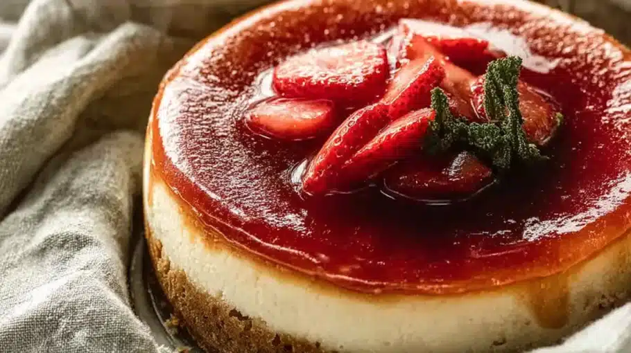cheesecake-fraise-sans-cuisson-coulis-fraises-deco-menthe Cheesecake fraise sans cuisson nappé de coulis et décoré de fraises fraîches