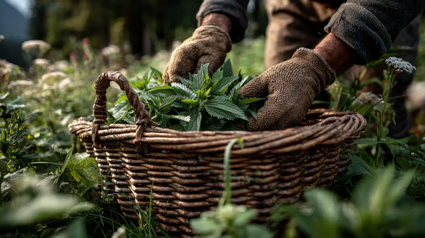 cueillette-orties-piquantes-gants Récolte d’orties fraîches avec gants et panier