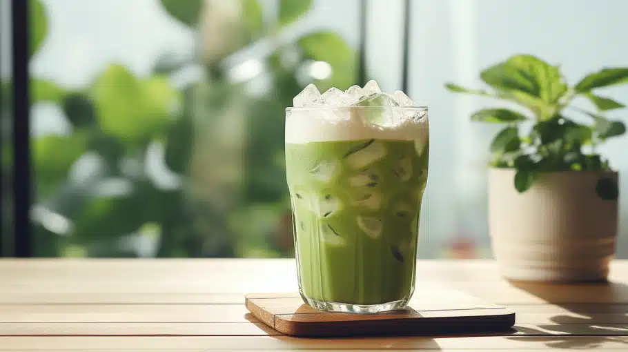iced-matcha-latte-verre-bois iced matcha latte maison dans un verre avec glaçons