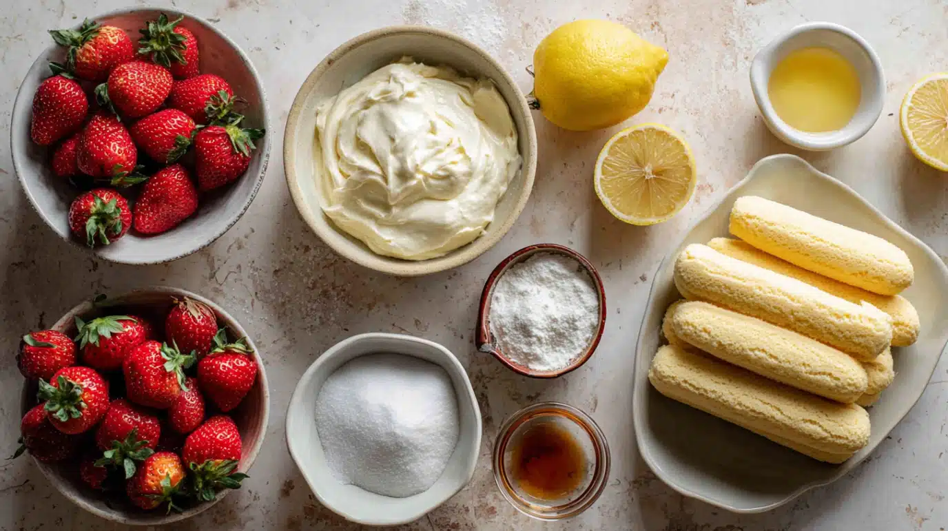 ingredients-charlotte-aux-fraises-classique ingrédients pour charlotte aux fraises classique sur table en bois