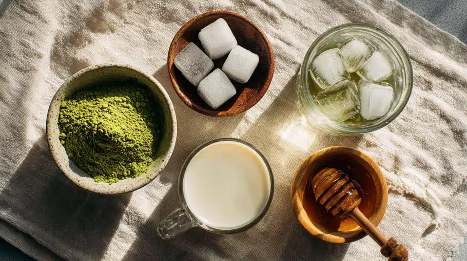 ingredients-iced-matcha-latte ingrédients pour un iced matcha latte maison