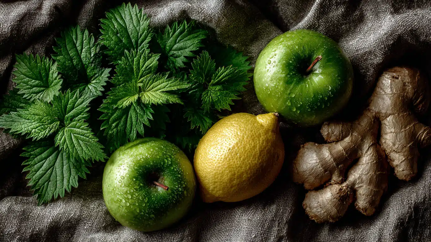 ingredients-jus-orties-naturels Ingrédients pour jus d’orties : pommes, citron, gingembre