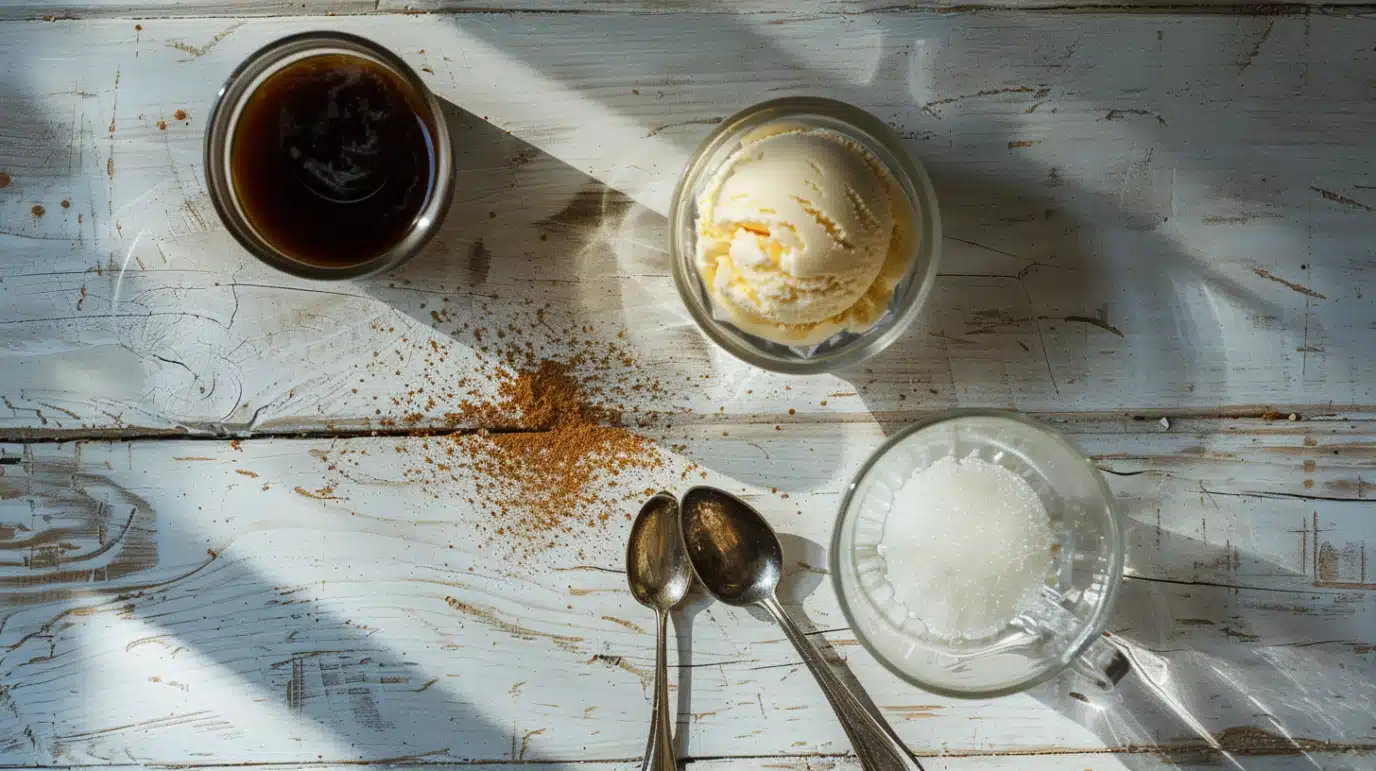 Ingrédients pour recettes affogato : glace vanille, espresso, verre, cuillère