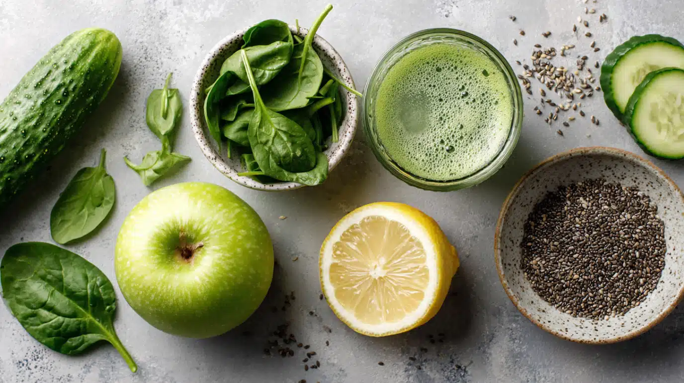 ingredients-smoothie-detox-ete ingrédients smoothie detox sur table en bois