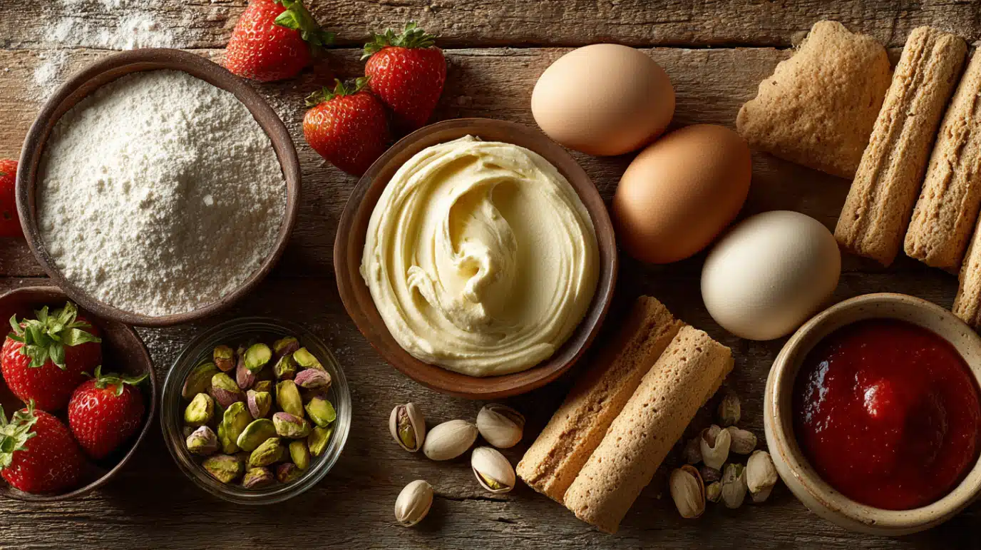 ingredients-tiramisu-fraise-pistache Ingrédients pour tiramisu fraise pistache sur plan de travail