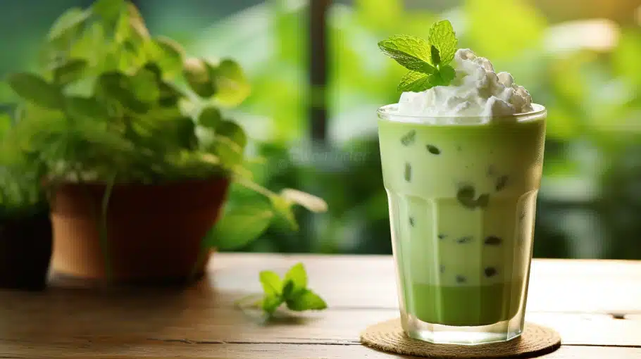 matcha-latte-glace-topping matcha latte glacé avec perles et mousse vanille