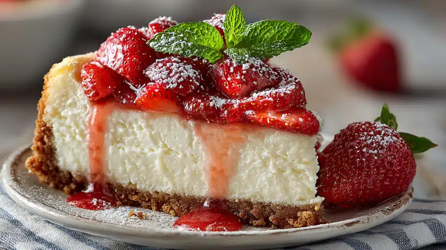 part-cheesecake-fraise-servie Part de cheesecake fraise