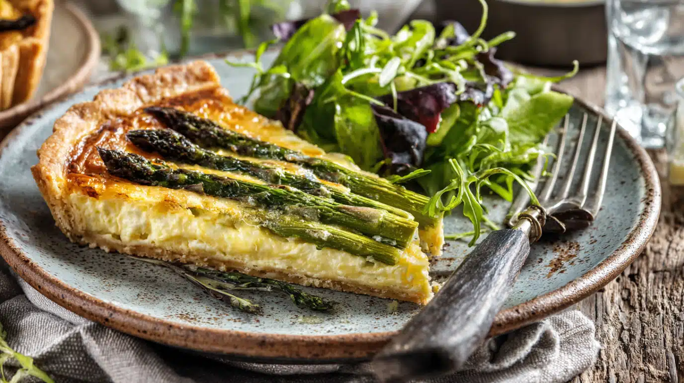 part-tarte-asperges-servie Part de tarte aux asperges servie à table