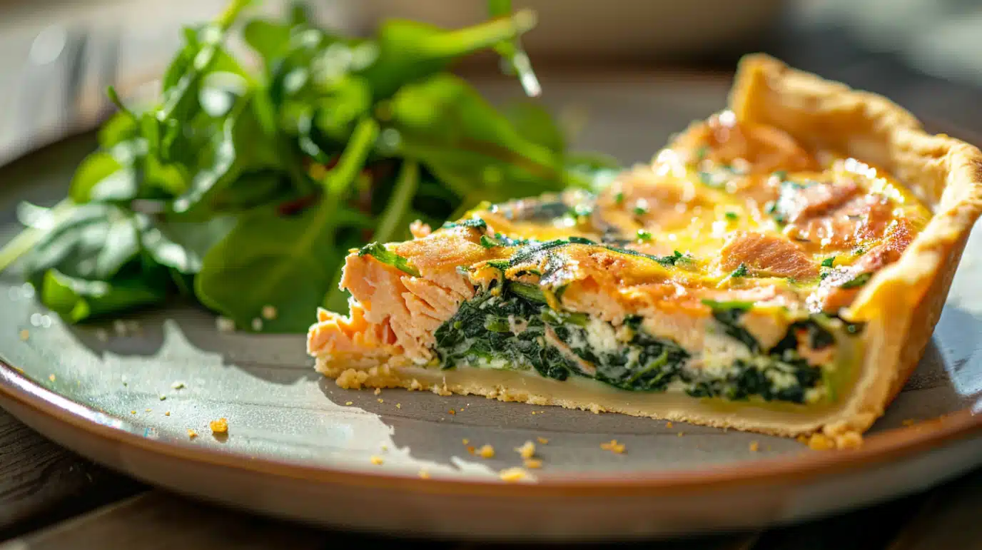 part-tarte-epinards-saumon Part de tarte aux épinards et saumon servie avec salade