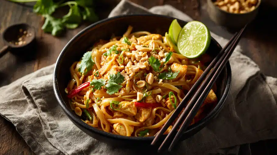 Poulet Pad Thaï recette sur assiette en bois
