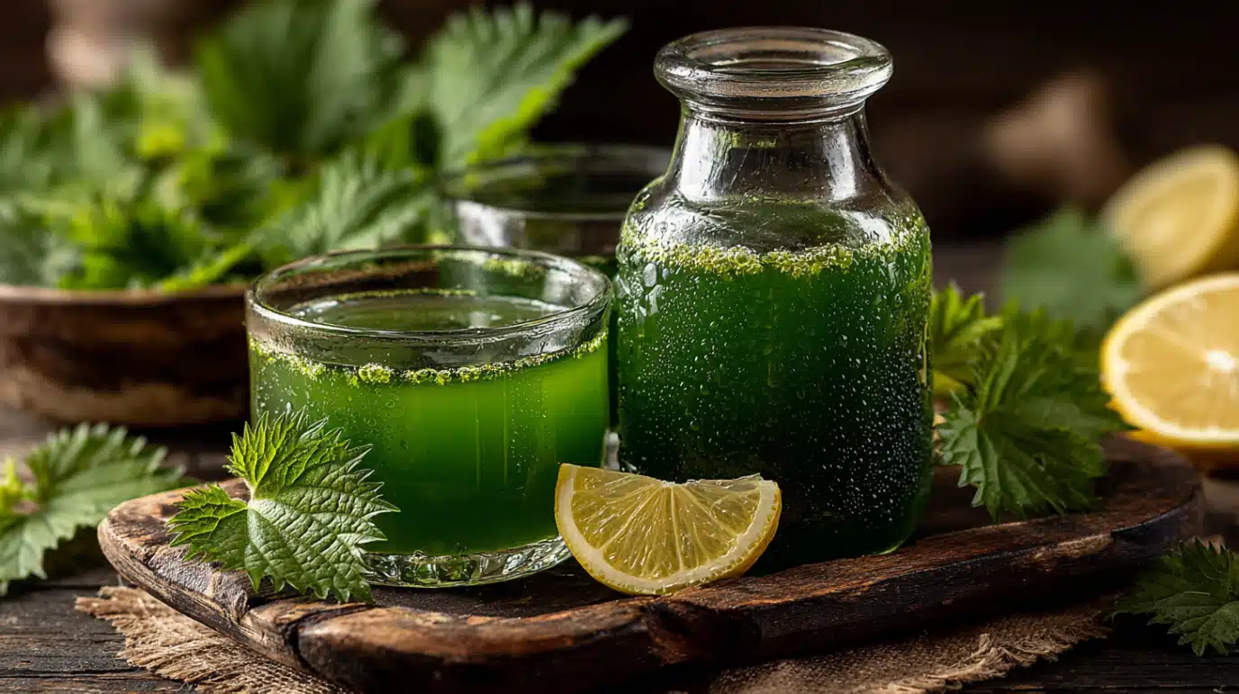 service-jus-orties-verre-bouteille Jus d’orties servi avec citron sur plateau en bois