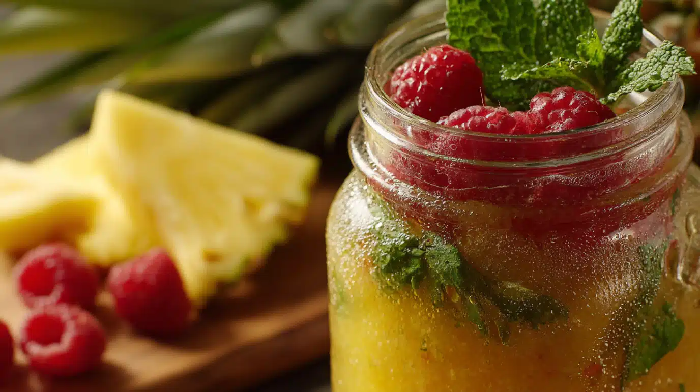 smoothie-detox-fruits-ete-bocal recettes smoothie detox fruits d’été en gros plan dans un bocal