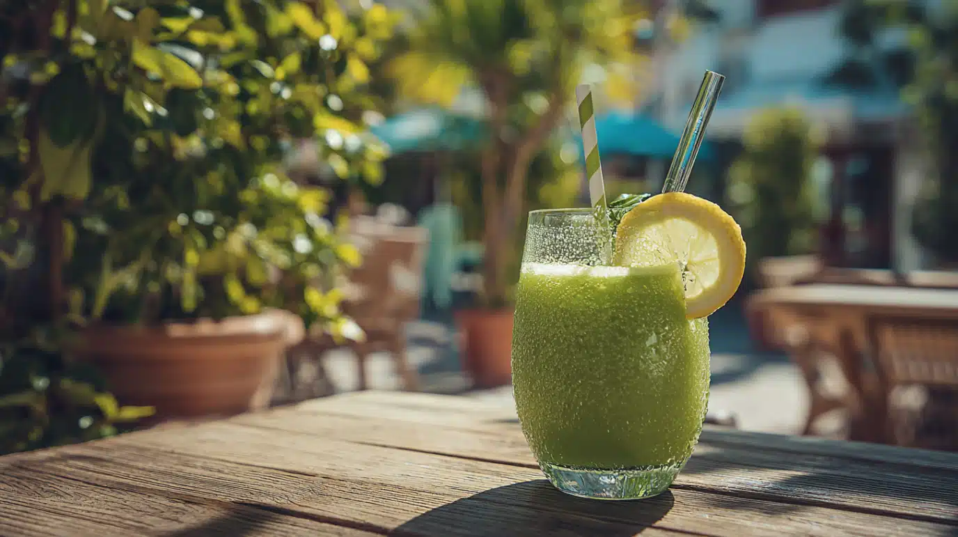 smoothie-detox-service-ete-citron smoothie detox servi en extérieur avec rondelle de citron
