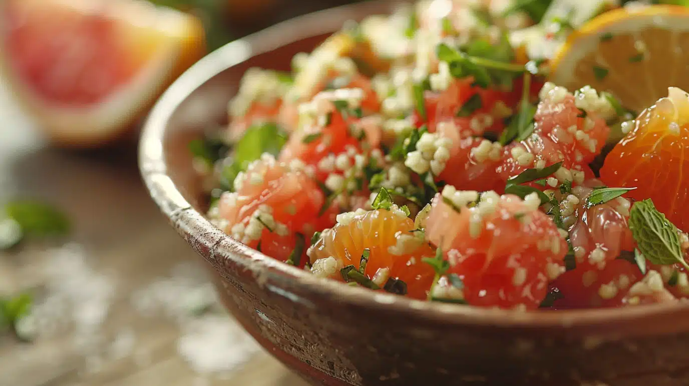 taboule-agrumes-featured taboulé agrumes en gros plan dans un bol rustique