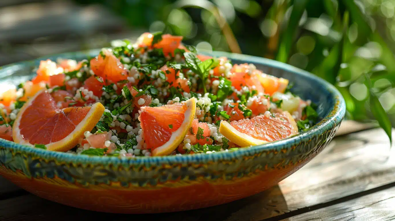 presentation-taboule-agrumes taboulé agrumes servi sur table d’été