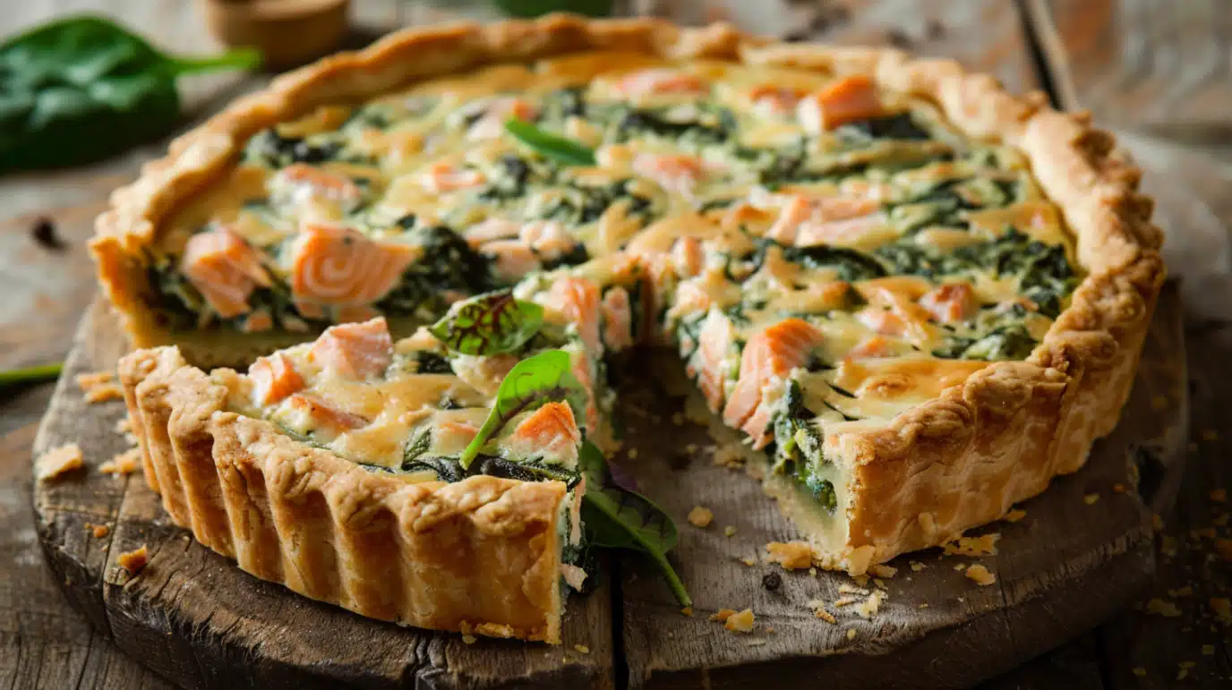 tarte-epinards-saumon-featured Tarte aux épinards et saumon maison en gros plan