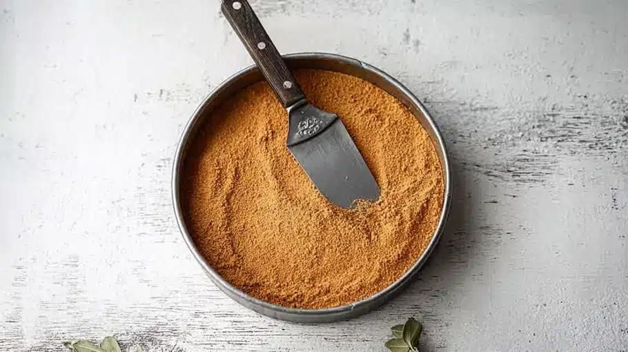 tassement-base-biscuit-speculoos-cheesecake Base biscuitée au spéculoos tassée dans un moule pour cheesecake fraise