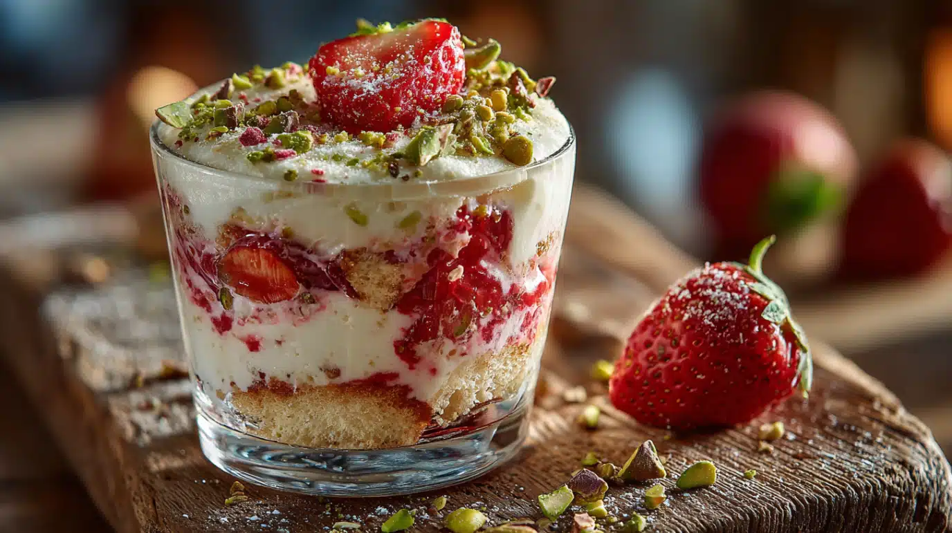 tiramisu-fraise-pistache-featured Tiramisu fraise pistache servi en plat familial avec crème et pistaches