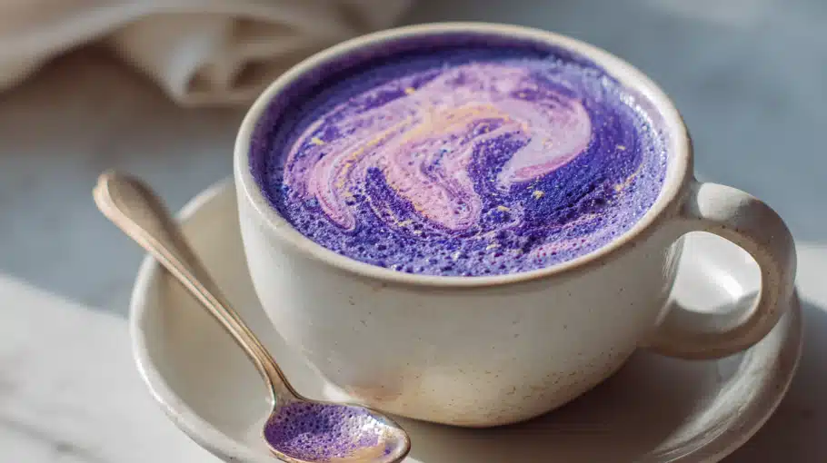 ube-latte-tasse-violette L'ube latte dans une tasse blanche, couleur violette naturelle