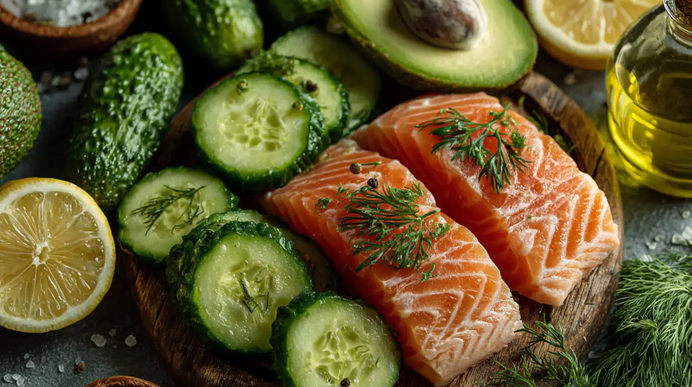 ingredients-salade-saumon-avocat ingrédients frais pour salade au saumon et avocat sur planche en bois