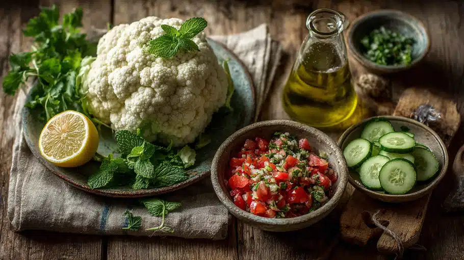 ingredients-taboule-chou-fleur ingrédients frais pour taboulé de chou fleur