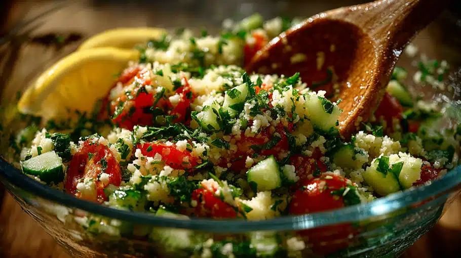 melange-taboule-chou-fleur mélange du taboulé de chou fleur avec légumes et herbes