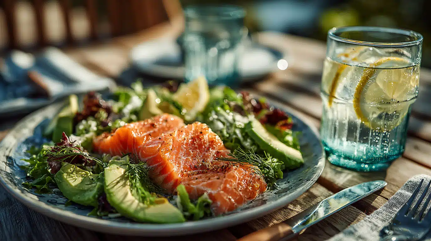 presentation-salade-avocat-ete salade au saumon et avocat servie à table en extérieur