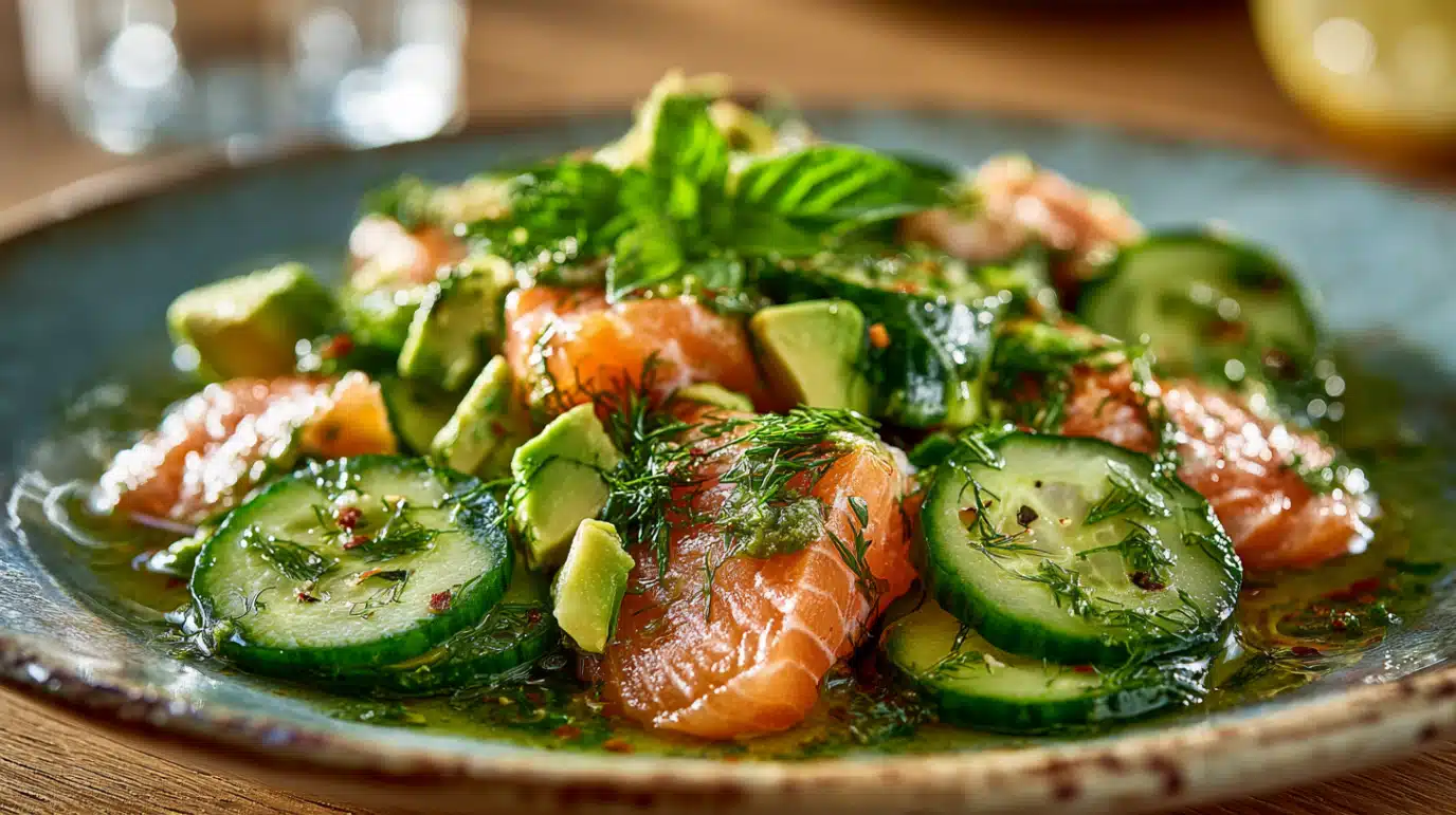 salade-saumon-avocat-recette salade au saumon et avocat fraîche avec avocat mûr et herbes