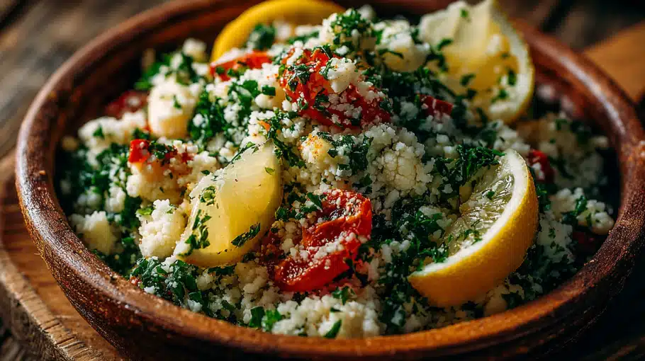 taboule-chou-fleur-bol-ceramique taboulé de chou fleur servi en gros plan avec herbes et citron