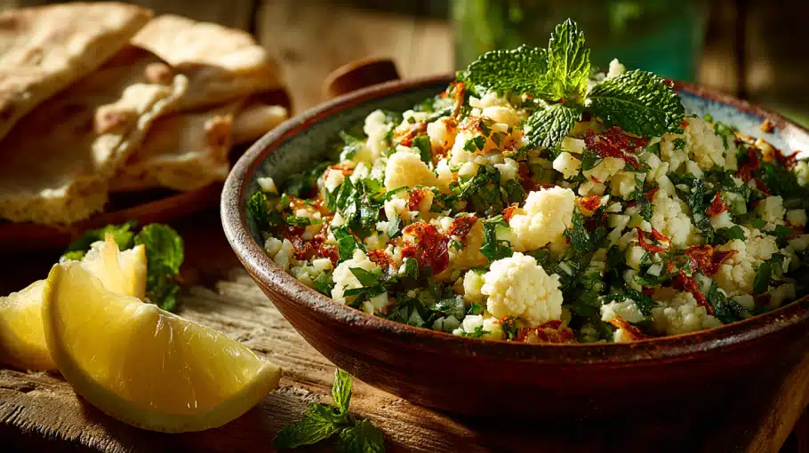 taboule-chou-fleur-pret-a-servir taboulé de chou fleur prêt à servir avec citron et pain pita