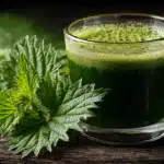 Verre de jus d’orties frais sur une table en bois, entouré de feuilles vertes d’orties