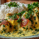 Poulet à la crème servi avec du riz