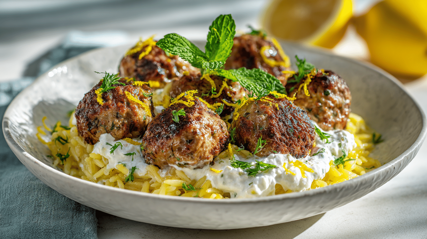 Boulettes grecques et orzo citron crème de feta