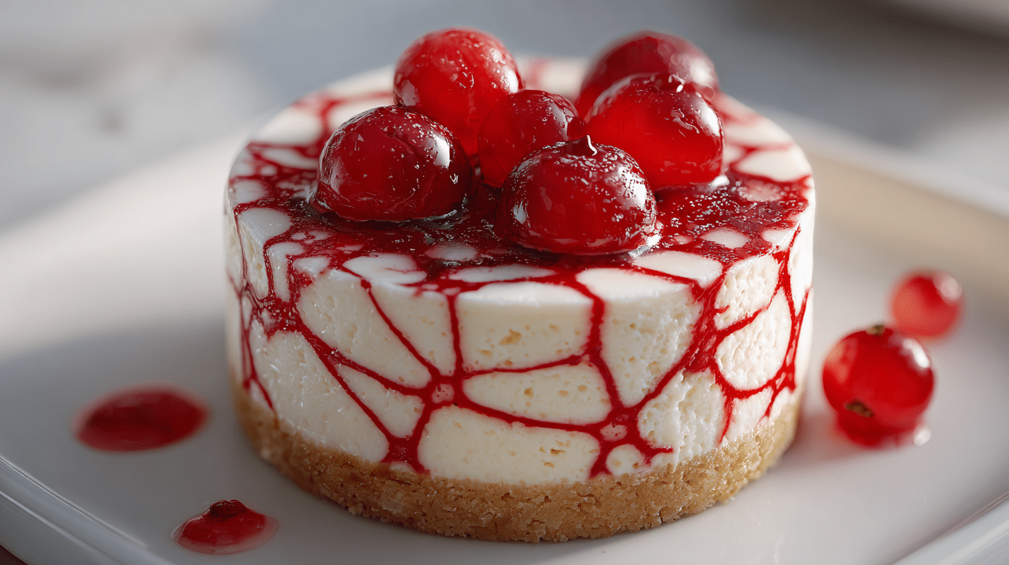 Cheesecake marbré toile d’araignée au coulis de fruits rouges
