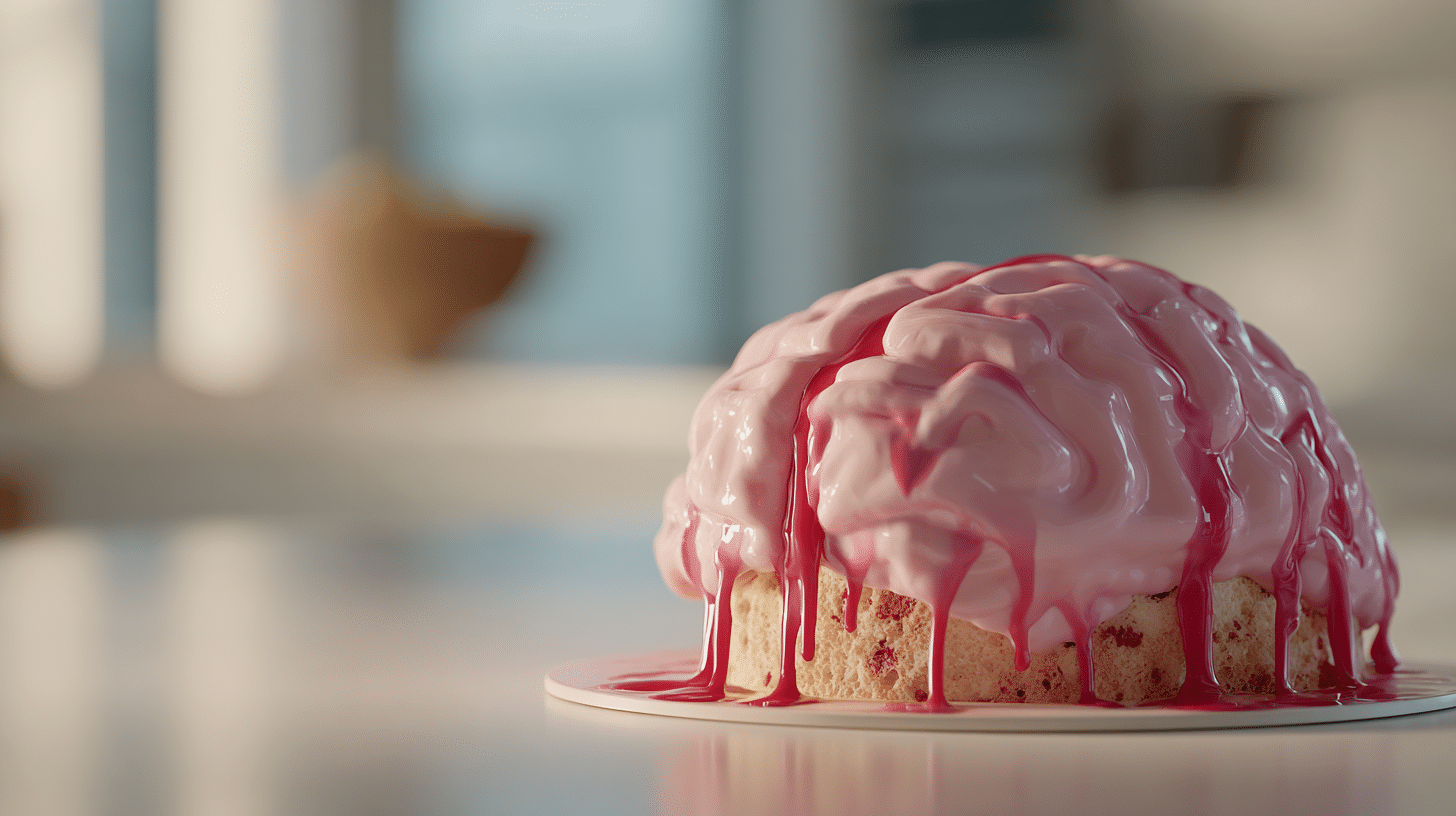 Gâteau cerveau fraise vanille (coulis “sanglant”) – un dessert d’Halloween aussi drôle que délicieux 🧠🍓
