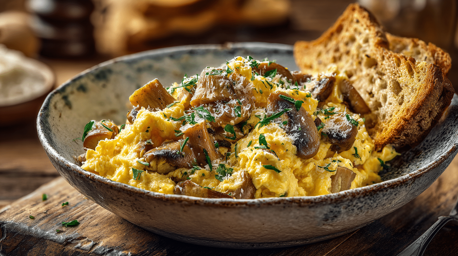 Œufs brouillés crémeux aux champignons & parmesan – la recette facile et réconfortante de l’automne