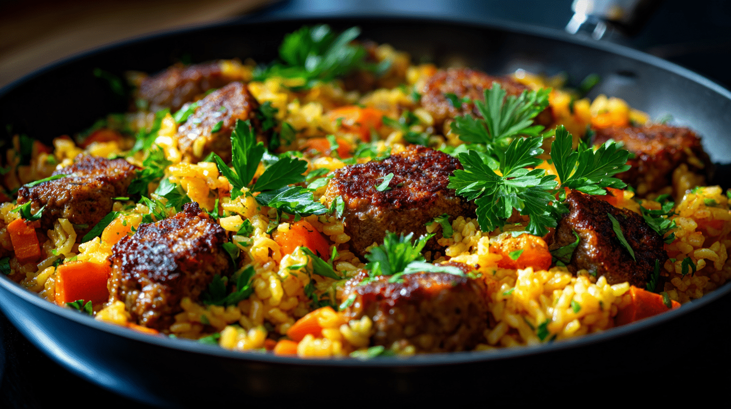 Poêlée de riz aux chipolatas de bœuf et légumes – un dîner d’automne complet et réconfortant