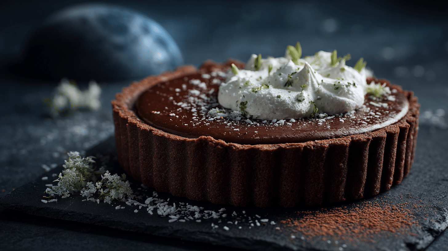 Tarte cacao panna cotta coco façon nuit d’Halloween  – un dessert vegan élégant et ensorcelant