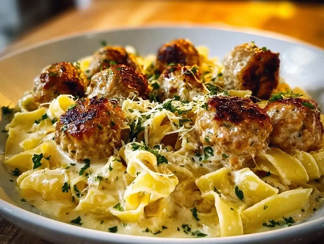 Boulettes de poulet à l’ail et au beurre avec des pâtes