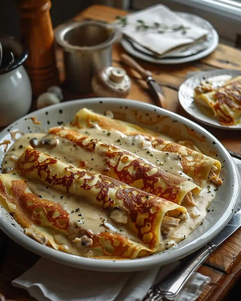 Crêpes Roulées au Poulet et Champignons